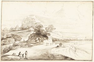 Paisaje de montaña con una vista lejana de Guercino