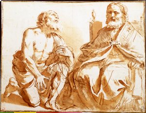 Obispo sentado y santo arrodillado de Guercino