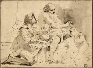 Estudio para Jacob bendiciendo a los hijos de José (recto); Bocetos: San Cristóbal; Dos figuras conversando sobre dinero (verso)