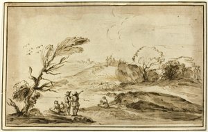 Dos grupos de figuras en un paisaje de Guercino