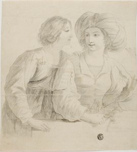 Dos mujeres jóvenes, una con turbante, conversando de Guercino