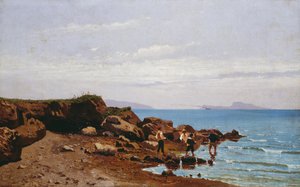 Pescadores en la costa napolitana, con la isla de Capri al fondo, de Guglielmo Ciardi (1842-1917), óleo sobre lienzo, 47,5x76,5 cm. de Guglielmo Ciardi