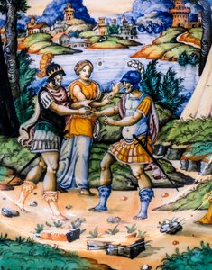 Plato: Latinus y Eneas, detalle, hacia 1540 (mayólica) de Guido (attr. to) Durantino