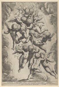 Un grupo de ángeles abrazándose en vuelo, enmarcados por nubes, ca. 1607