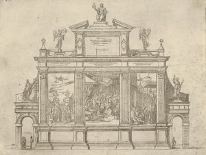Fachada de un monumento triunfal con tres escenas que representan hechos del Papa Clemente VIII, 1598 de Guido Reni