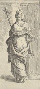 Chica llevando un crucifijo y avanzando hacia un pilastro, vista desde atrás de Guido Reni