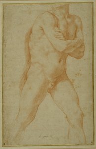 Hombre desnudo caminando hacia adelante, con los brazos cruzados y mirando sobre su hombro derecho de Guido Reni
