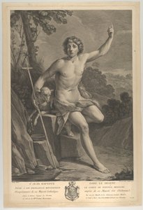 San Juan Bautista en el desierto, sentado en una roca y señalando hacia arriba con su mano izquierda, 1770 de Guido Reni