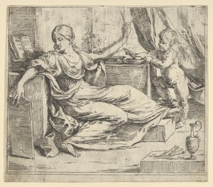 Mujer sentada sosteniendo una tableta y una brújula alegoría del aprendizaje, un putto alado... de Guido Reni