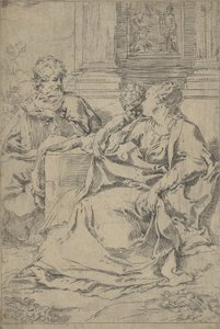 La Sagrada Familia sentada junta frente a una columnata, San José leyendo, ca. 1590-1610 de Guido Reni