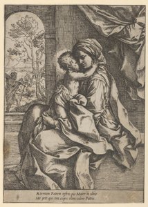 La Virgen sentada con el Niño Jesús en su regazo abrazándola, José visto detrás, ca. 1600-1613