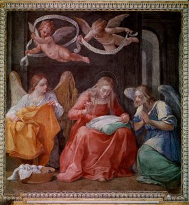 La Virgen cosiendo con dos ángeles de Guido Reni