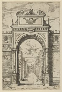 Arco triunfal coronado por una estatua de Moisés, edificios vistos a través del arco abajo... de Guido Reni