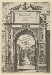Arco triunfal coronado por una estatua que representa la ciudad de Bolonia, edificios vistos a través, 1598 de Guido Reni