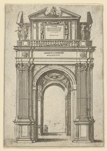 Arco triunfal coronado por una mujer sentada en un delfín, cuatro figuras de pie abajo, un tem..., 1598 de Guido Reni