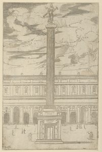 Columna triunfal con figura femenina de la Fama sosteniendo una trompeta en la parte superior, una decoración temporal, 1598 de Guido Reni
