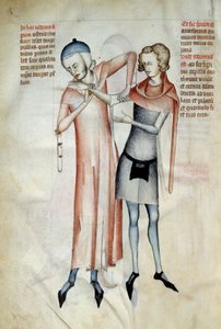 Cirugía: el médico examina las articulaciones de su paciente estirando un brazo (Osteopate). Miniatura en el "Liber notabilium Philippi septimi francorum regis, a libris Galieni extractus" escrito por Gui (Guy) de Pavía de Guido da Vigevano da Pavia