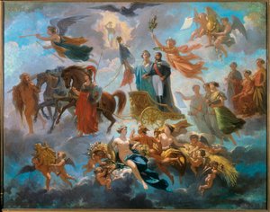 La apoteosis de Napoleón III (1808-1873) Representación alegórica del triunfo del emperador coronado, en un carro, entre los personajes mitológicos Atenea, Hércules, Hermes. Pintura de Alphonse Cabasson (1814-1884) 1854 Compiegne