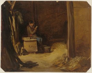 Niño lector de cartas en un establo de Guillaume Anne van der Brugghen