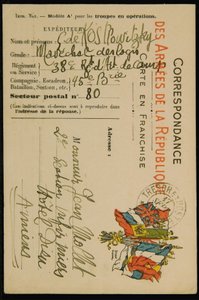 Tarjeta postal autógrafa a Jean Mollet, fechada el 16 de septiembre de 1915 de Guillaume Apollinaire