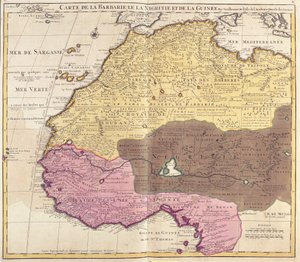 Mapa de Barbaria (Marruecos, Argelia, Túnez, Libia), Nigritude (Mali, Burkina Faso, Níger) y Guinea (Senegal, Guinea, Sierra Leona, Liberia, Costa de Marfil, Ghana, Togo, Benín, Nigeria) (grabado) de Guillaume Delisle