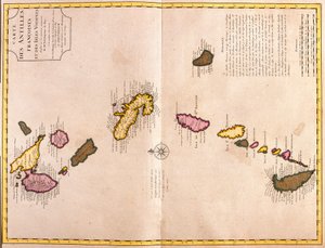 Mapas de las Islas del Caribe (Guadalupe, Marie Galante, Dominica, Martinica, Santa Lucía, San Vicente, Barbados, Granadinas y Granada) (grabado) de Guillaume Delisle