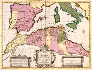 Marruecos, norte de Argelia, Túnez, noroeste de Libia, España, Portugal, Italia (excepto el norte) de Guillaume Delisle