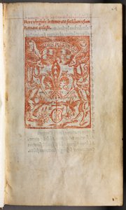 Libro de horas impreso (uso de Roma): fol. 1r, marca de imprenta de Guillaume Le Rouge