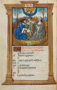 Libro de horas impreso (uso de Roma): fol. 5v, ilustración del calendario de abril de Guillaume Le Rouge
