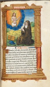 Libro de Horas Impreso (Uso de Roma): fol. 90r, Santa Brígida en oración ante una aparición de Cristo.