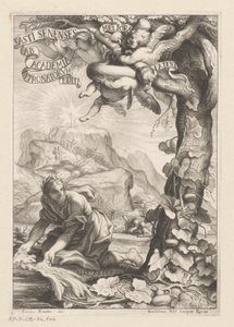 Representación alegórica de una mujer aclamada regando un árbol de calabaza; en el fondo las figuras ascienden una montaña Página de título para: Giovanni Baptista Ferrari, Fasti Senenses, Ab Academia Intronatorum Editi, 1661