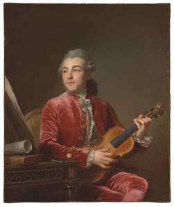 Retrato de un caballero, medio cuerpo, sentado con una chaqueta de terciopelo rojo y un violín de Guillaume Voiriot