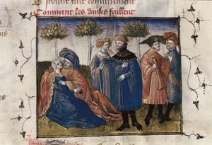 Escena galante de cortesanos, miniatura en Roman de la Rose de Guillaume Lorris de Guillaume de Lorris
