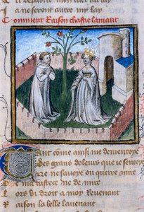 Representación de una pareja de amantes cerca de una rosa, miniatura en "Roman de la Rose" de Guillaume de Lorris