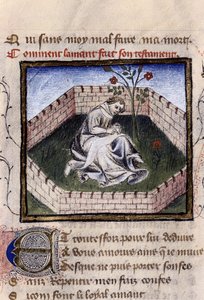 Representación de un joven enamorado en el jardín de las delicias descubriendo la fuente de Narciso, miniatura en "Roman de la Rose" de Guillaume Lorris