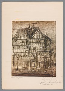 Reproducción de un grabado o dibujo que muestra una vista de una casa antigua, posiblemente en Greiz, Alemania de Gustav Digel (signed by artist)