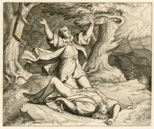 Martín Lutero y su amigo Alexis (quizá se llamaba así) salieron de excursión y hubo una tormenta. Alexis fue alcanzado por un rayo y murió. de Gustav Ferdinand Leopold Konig