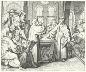 Martín Lutero discutiendo el sacramento con Huldrych Zwingli (grabado) de Gustav Ferdinand Leopold Konig