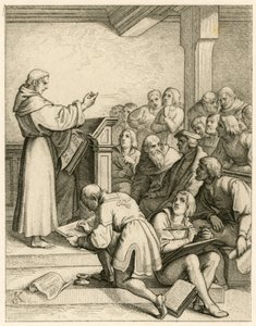Martín Lutero da conferencias en la universidad de Wittenberg, delante de él el vicerrector Dr. Pollich y su amigo paterno Johann von Staupitz (1460-1524). de Gustav Ferdinand Leopold Konig