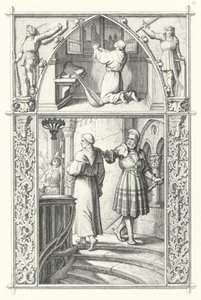 Martín Lutero en oración mientras se prepara para la Dieta de Worms (arriba). Georg von Frundsberg anima a Martín Lutero (abajo) (grabado) de Gustav Ferdinand Leopold Konig
