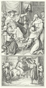 Martín Lutero dejando al legado del Papa en Wittenberg, Thomas Cajetan (arriba). Martín Lutero dejando la ciudad de Augsburgo (abajo) (grabado) de Gustav Ferdinand Leopold Konig