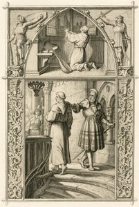 Martín Lutero se prepara con una oración para el encuentro con el emperador (imagen superior) ; imagen principal : Lutero se encuentra con el caballero Jorge (Georg) von Frundsberg (Jorg von Fronsberg, Freundsbergin de Gustav Ferdinand Leopold Konig