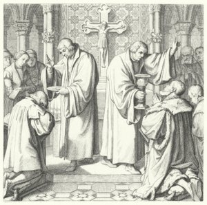 La Sagrada Comunión mostrada en formas protestante y católica (grabado)