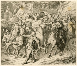El secuestro de Martín Lutero en su viaje de regreso - 1521 - por Hauptmann von Berlepsch y Burkhard Hund, debido a la bula de excomunión del papa y la proscripción del emperador.