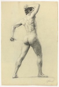 Desnudo masculino de espaldas, c.1880 (lápiz realzado con tiza blanca sobre papel) de Gustav Klimt