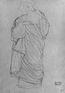 Mujer de pie con túnica sosteniendo una carta de Gustav Klimt