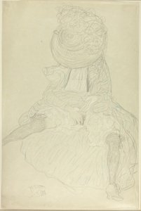 Mujer sentada de frente con sombrero, cara encapuchada de Gustav Klimt