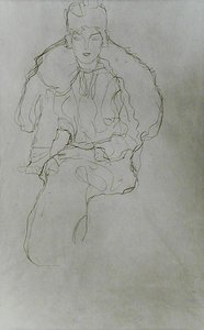 Mujer sentada con abrigo de piel y tocado de Gustav Klimt