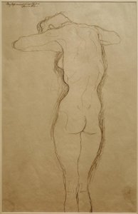 Desnudo de espaldas de pie, los brazos doblados horizontalmente (Estudio) de Gustav Klimt