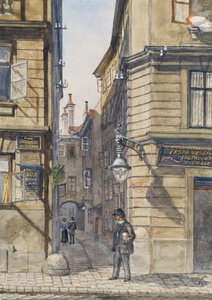 La Brunngasse con el primer restaurante vegetariano de Viena de Gustav Korompay